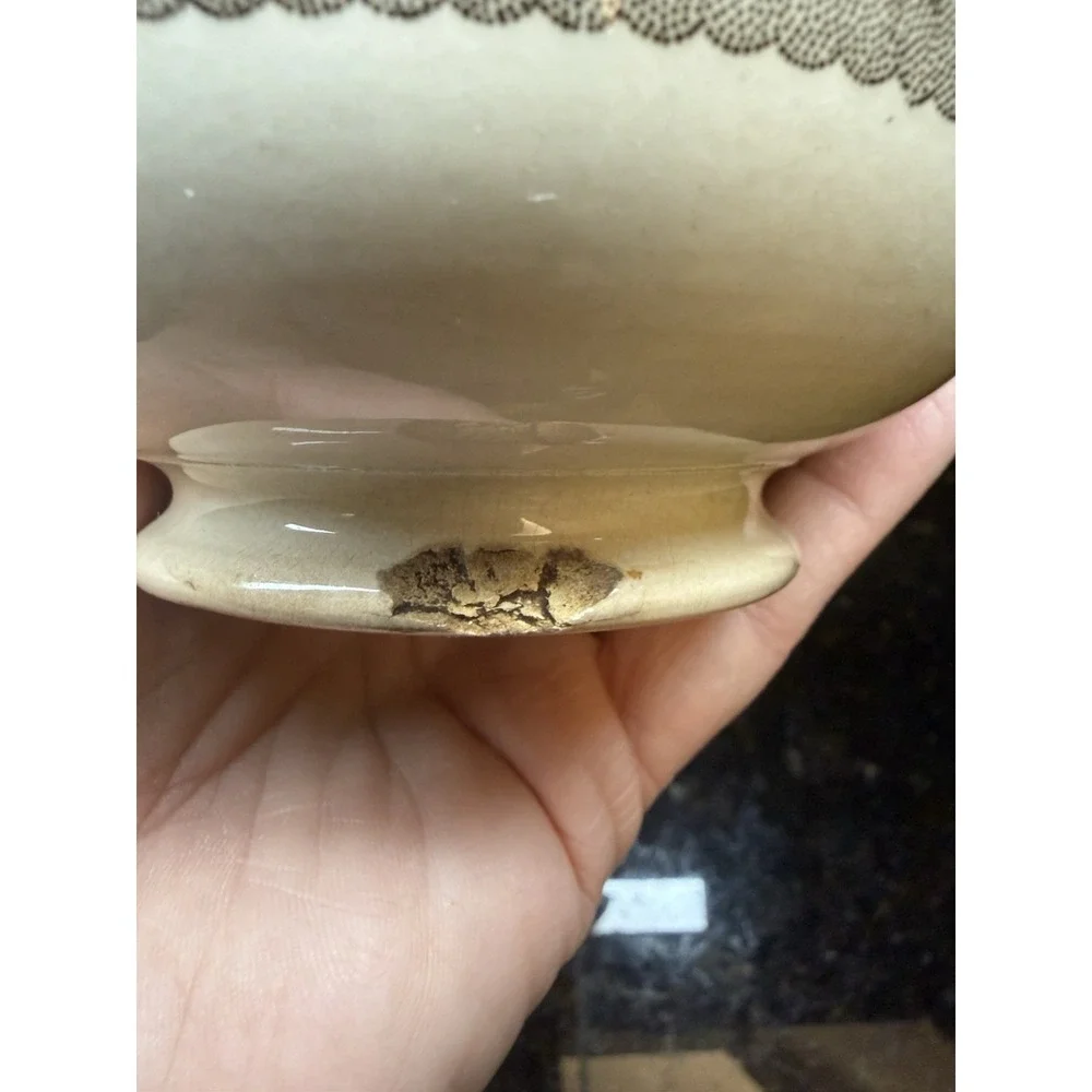 1860's Antique Villeroy & Boch Brown White Transfer Ware Slop Basin Bowl 2 Piece